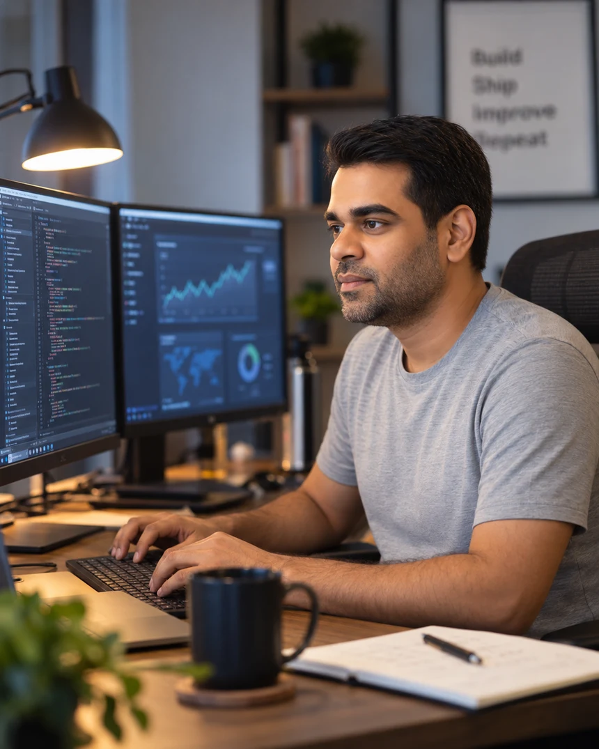 Manmohan Singh at a desk working on a production system
